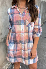 Pink Plaid Roll-tab Sleeve Side Slit Shirt Dress Dresses JT's Designer Fashion