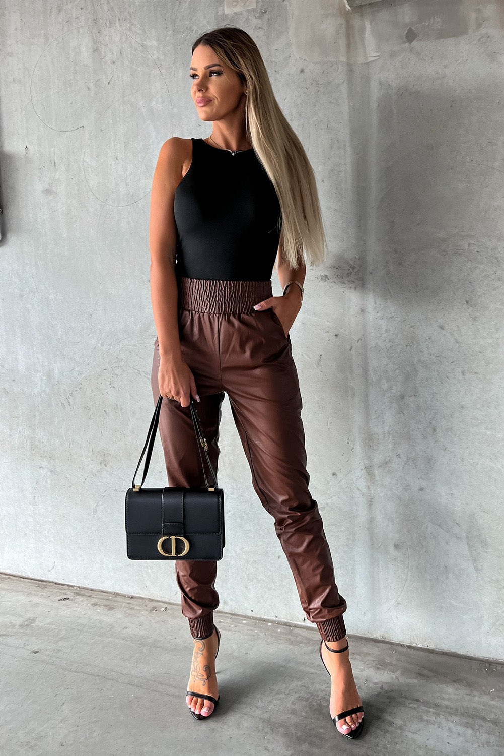 Brown Smocked High-Waist Leather Skinny Pants Bottoms JT's Designer Fashion