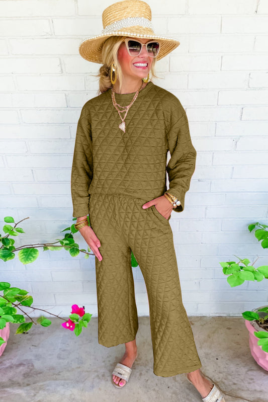 sage Green Solid Quilted Long Sleeve Top Pants Outfit Bottoms JT's Designer Fashion