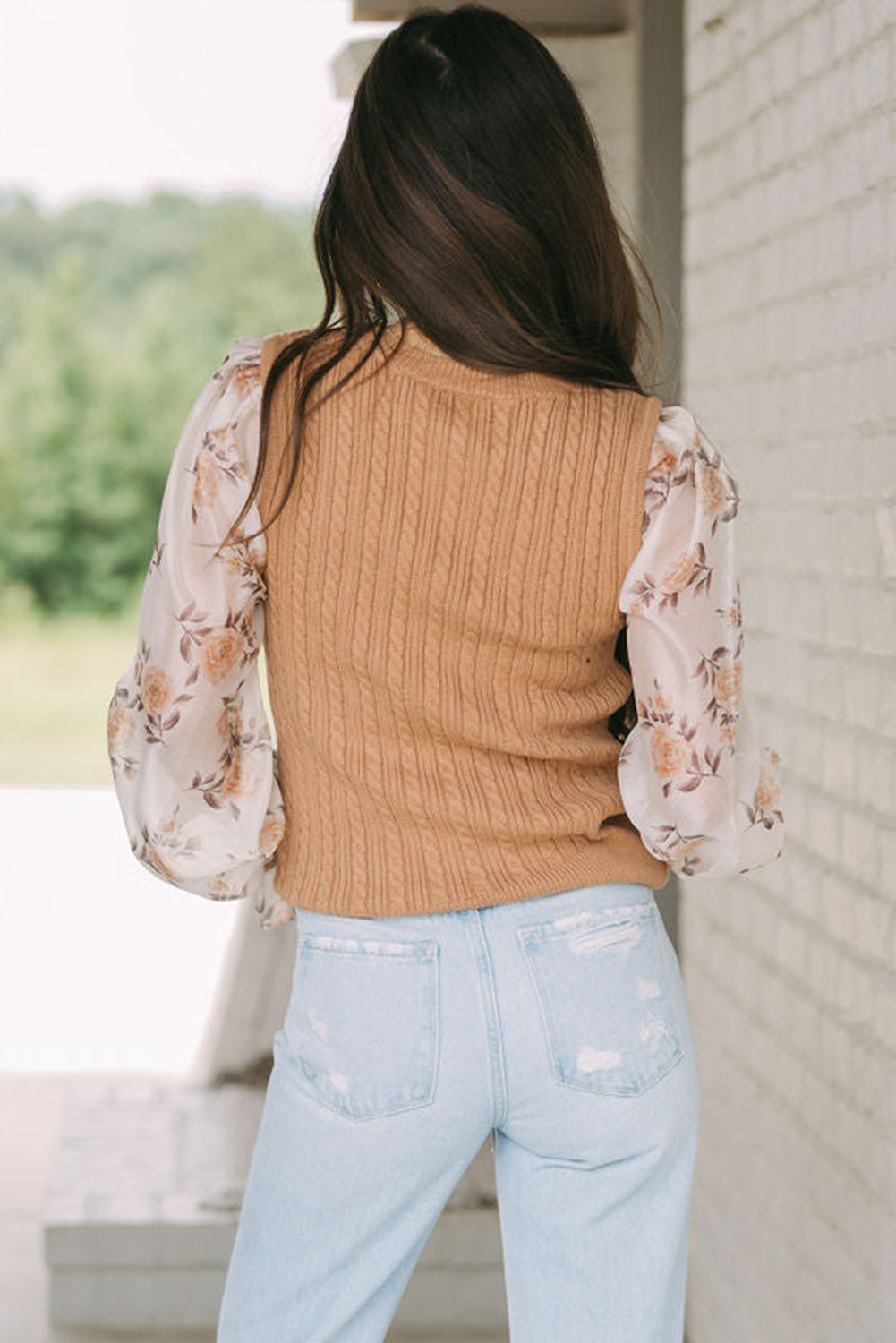 Sheepskin Floral Patchwork Ruffled Cuff Cable Knit Sweater Sweaters & Cardigans JT's Designer Fashion