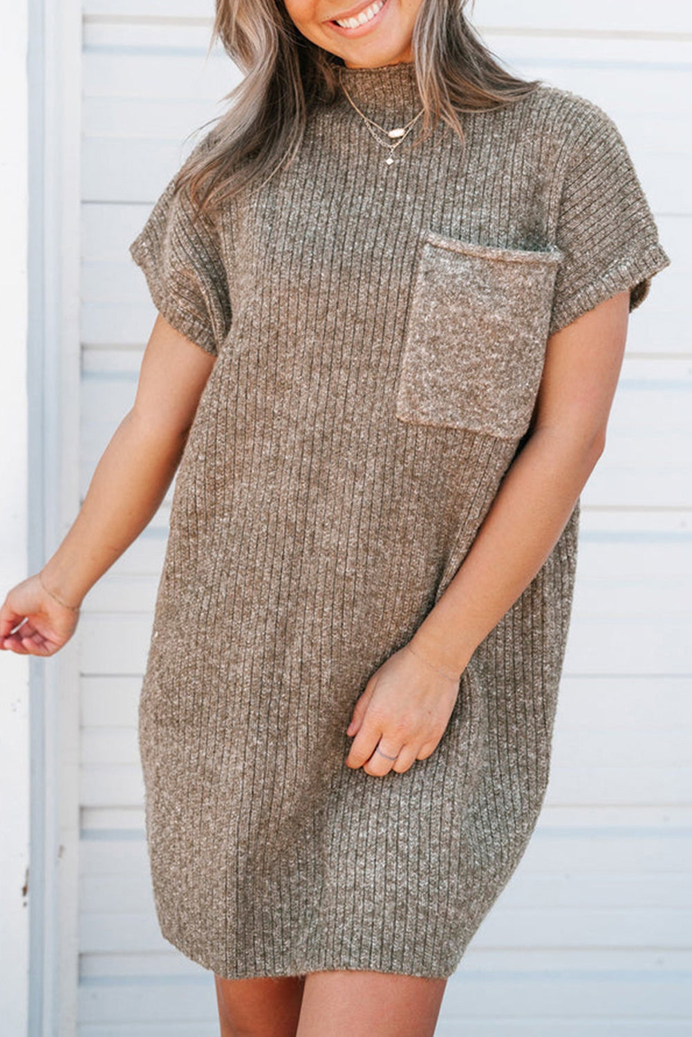 Simply Taupe Patch Pocket Ribbed Knit Short Sleeve Sweater Dress Dresses JT's Designer Fashion