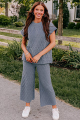 Real Teal Textured Short Sleeve Wide Leg Pants Set Bottoms JT's Designer Fashion