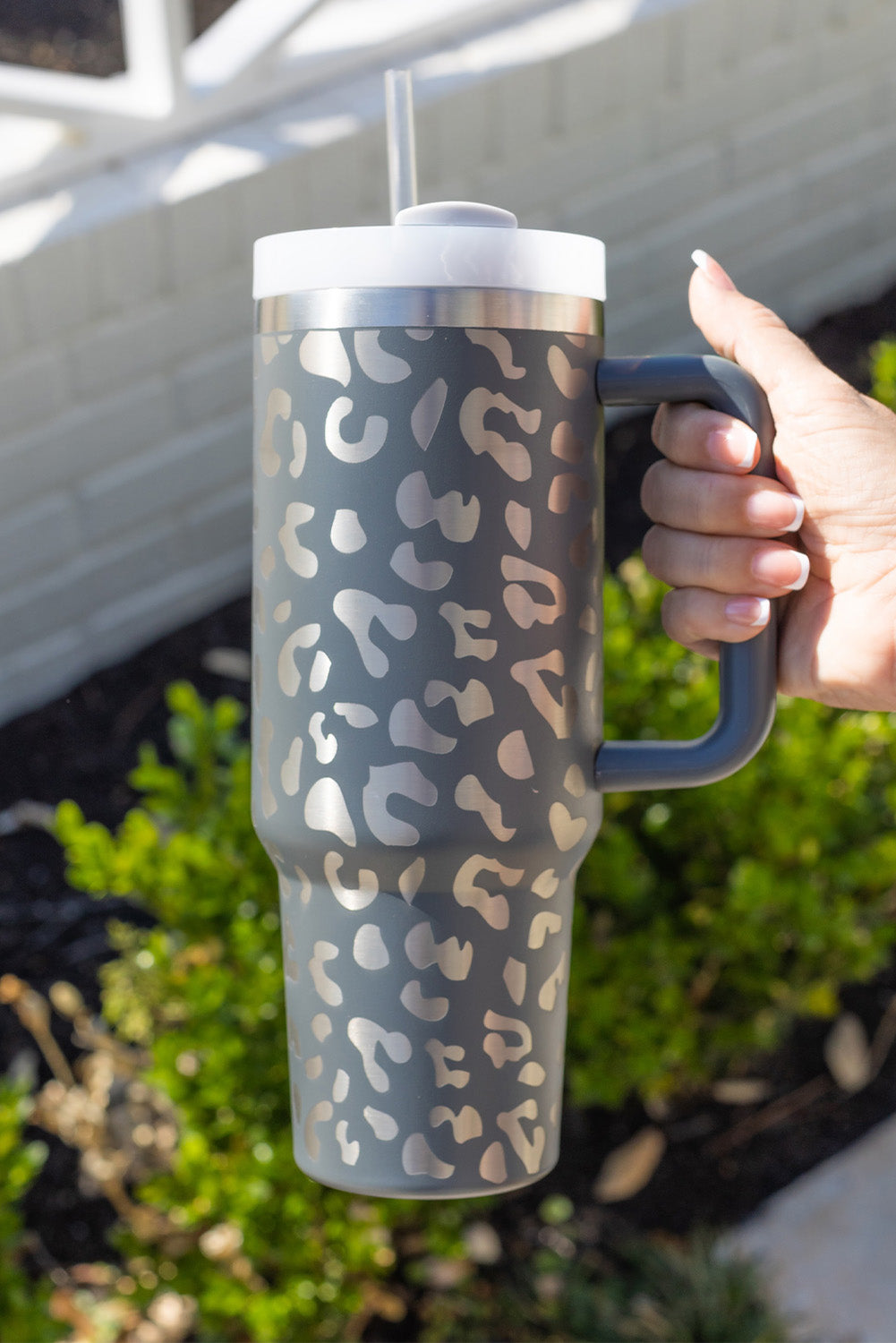 Gray Leopard Print 40OZ Stainless Steel Portable Cup with Handle Tumblers JT's Designer Fashion