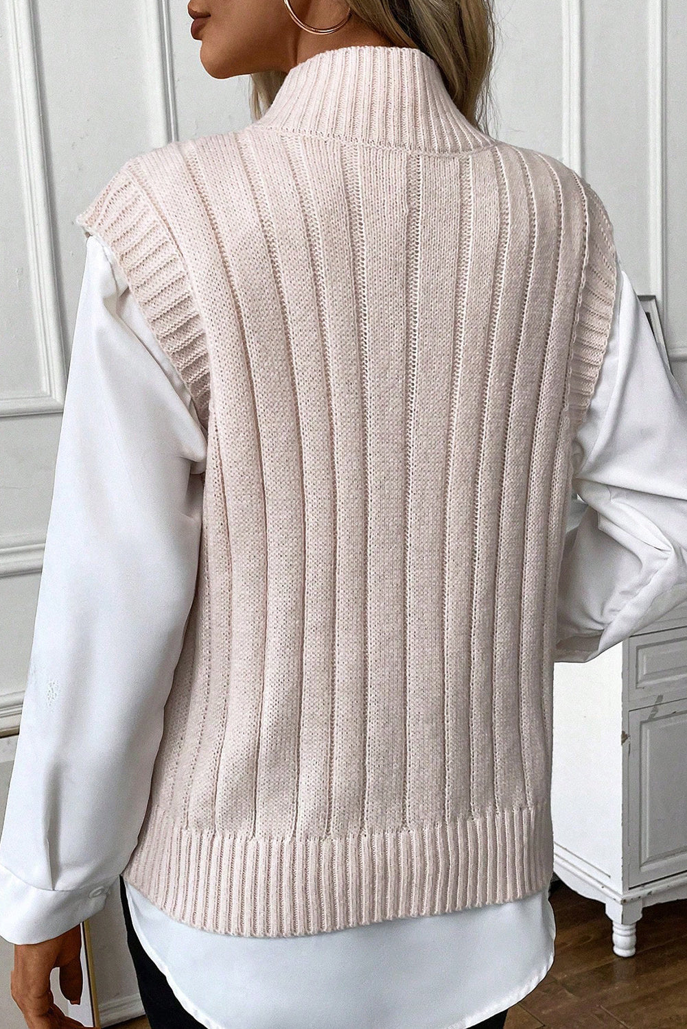 Oatmeal Ribbed Trim High Neck Cable Knit Sweater Vest Sweaters & Cardigans JT's Designer Fashion