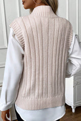 Oatmeal Ribbed Trim High Neck Cable Knit Sweater Vest Sweaters & Cardigans JT's Designer Fashion