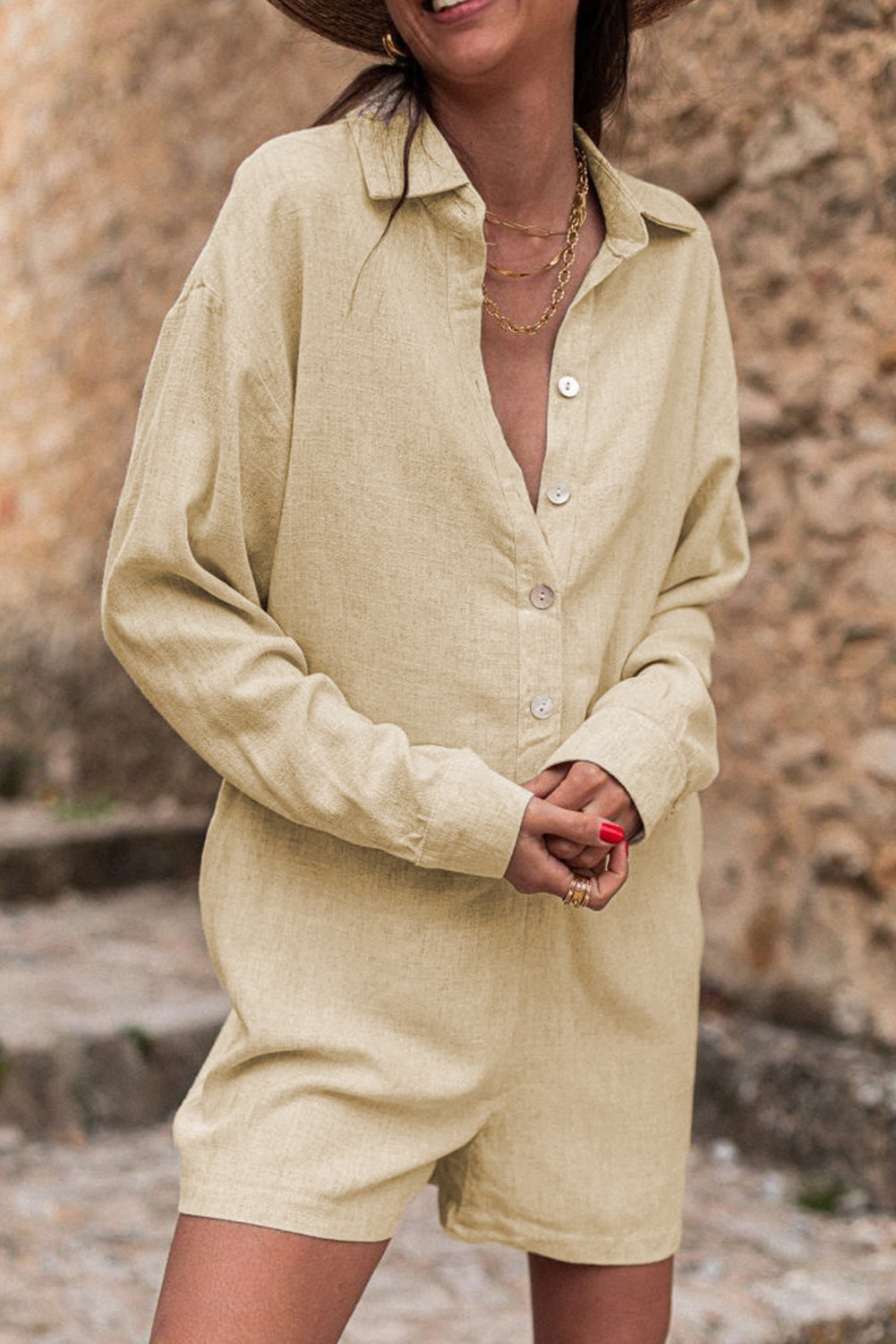 Half Button Shirt Collar Long Sleeve Loose Romper Beige 80%Viscose+20%Linen Jumpsuits & Rompers JT's Designer Fashion