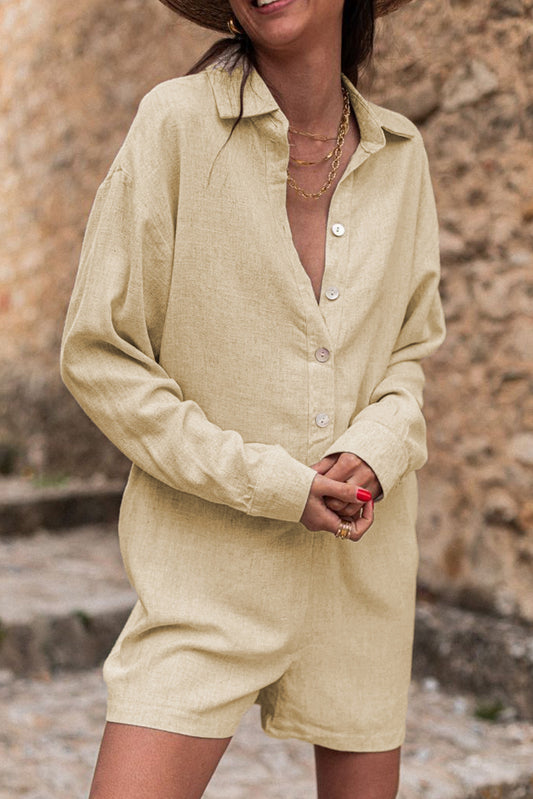 Half Button Shirt Collar Long Sleeve Loose Romper Beige 80%Viscose+20%Linen Jumpsuits & Rompers JT's Designer Fashion