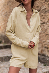 Half Button Shirt Collar Long Sleeve Loose Romper Beige 80%Viscose+20%Linen Jumpsuits & Rompers JT's Designer Fashion