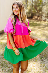 Multicolor Color Block Tiered Puff Sleeve Dress Mini Dresses JT's Designer Fashion