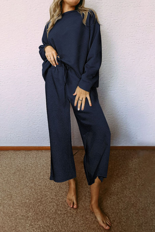 Navy Blue Gray Ultra Loose Textured 2pcs Slouchy Outfit Bottoms JT's Designer Fashion