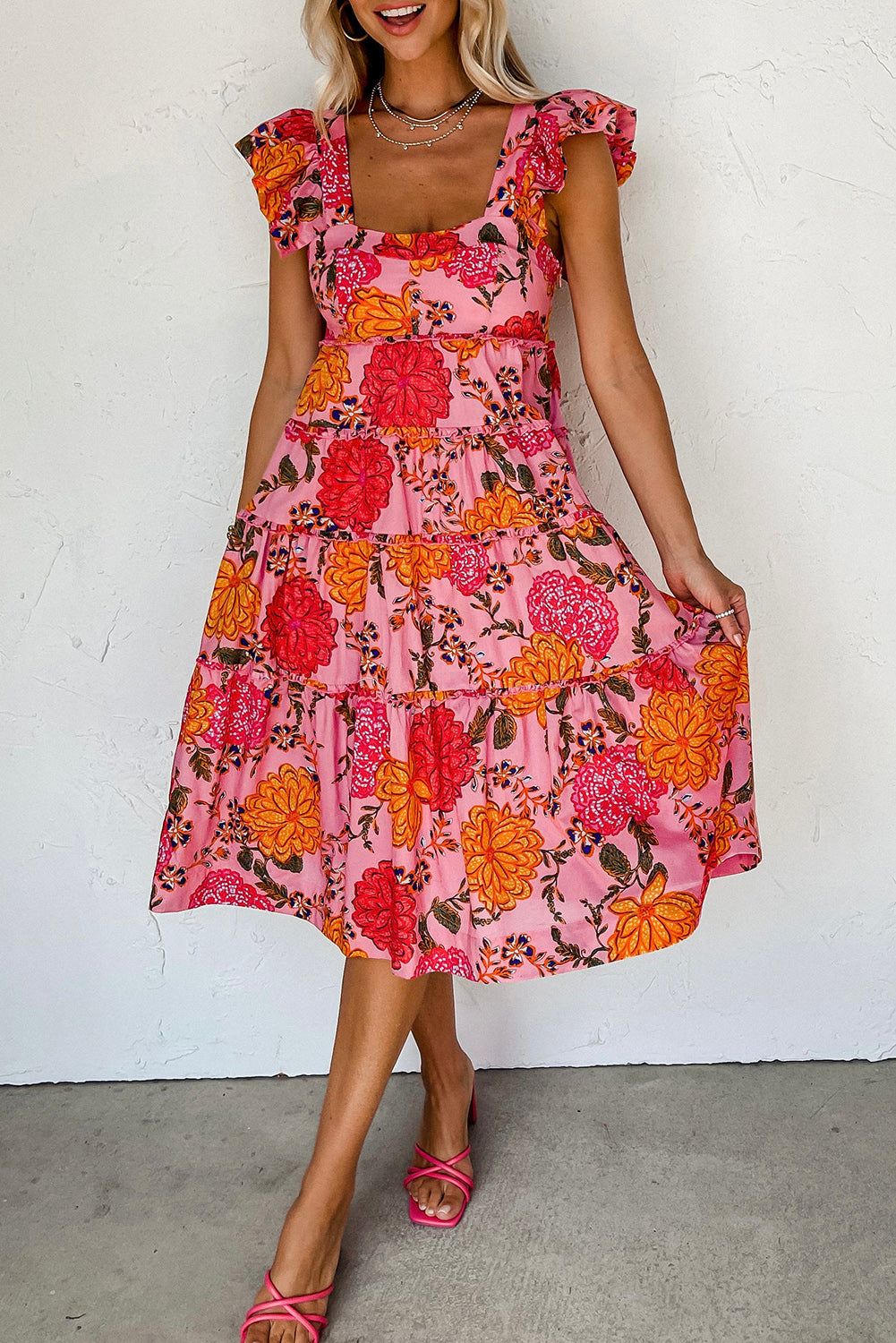 Pink Floral Ruffled Flutter Square Neck Tiered Dress Dresses JT's Designer Fashion