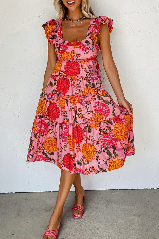 Pink Floral Ruffled Flutter Square Neck Tiered Dress Dresses JT's Designer Fashion