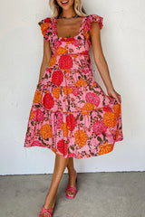 Pink Floral Ruffled Flutter Square Neck Tiered Dress Dresses JT's Designer Fashion