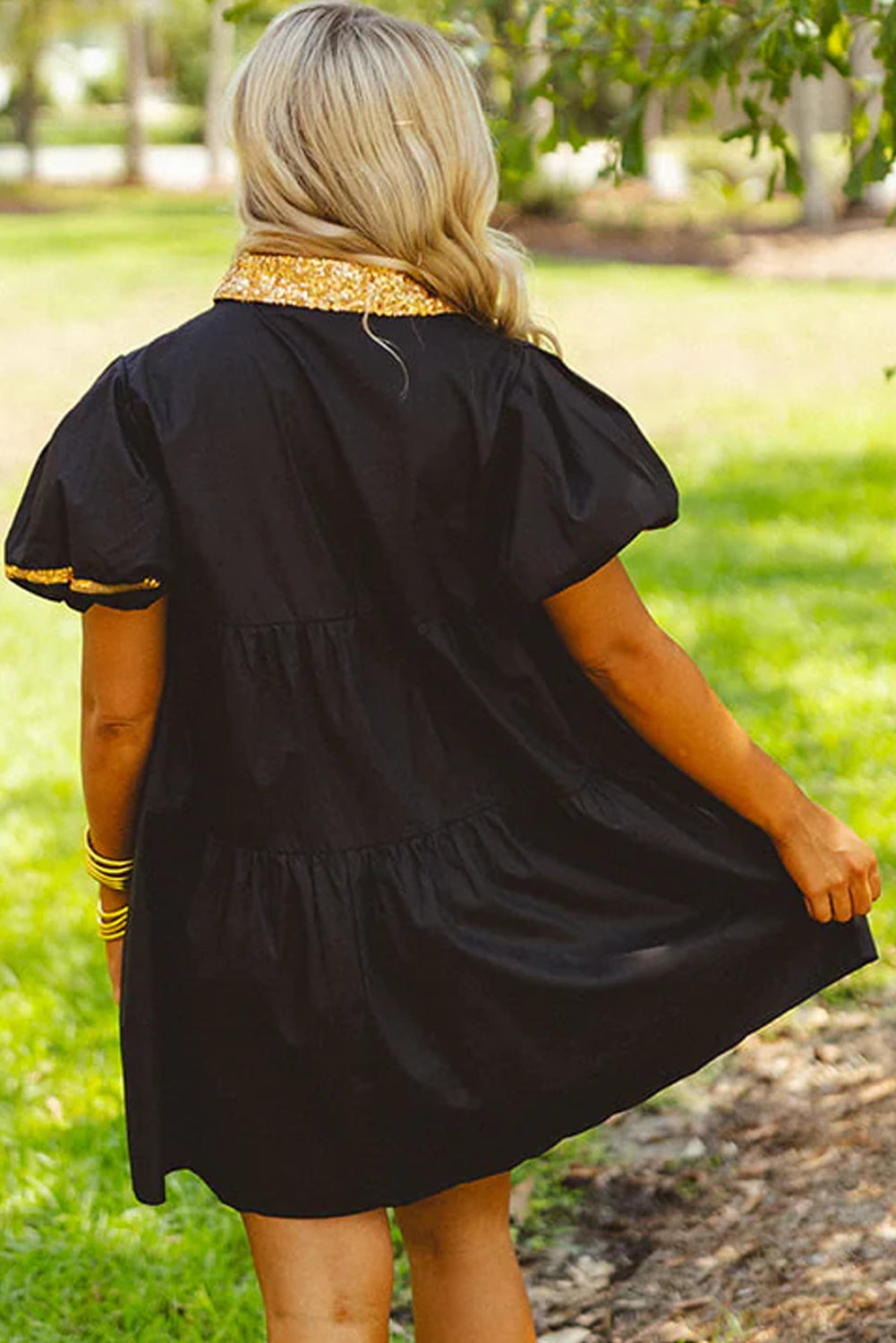 Black Sequin Trim Bubble Sleeve Game Day Shirt Dress Dresses JT's Designer Fashion