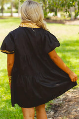 Black Sequin Trim Bubble Sleeve Game Day Shirt Dress Dresses JT's Designer Fashion