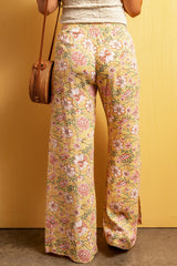 Yellow Thigh High Split Wide Leg Floral Pants Bottoms JT's Designer Fashion