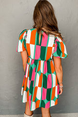 Green Abstract Print Puff Sleeve Short Dress Dresses JT's Designer Fashion