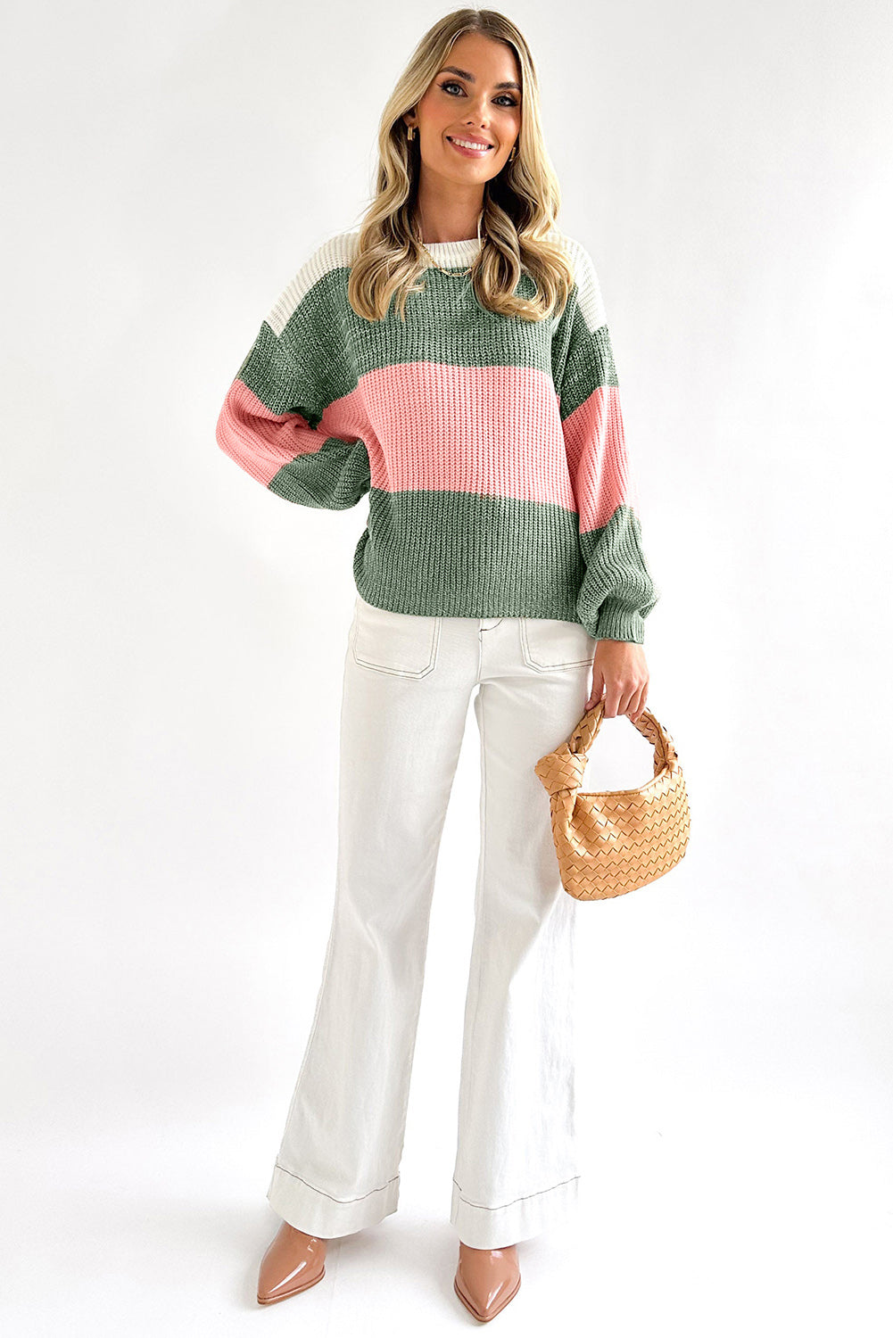 Green-2 Pink Colorblock Drop Shoulder Pullover Loose Sweater Sweaters & Cardigans JT's Designer Fashion