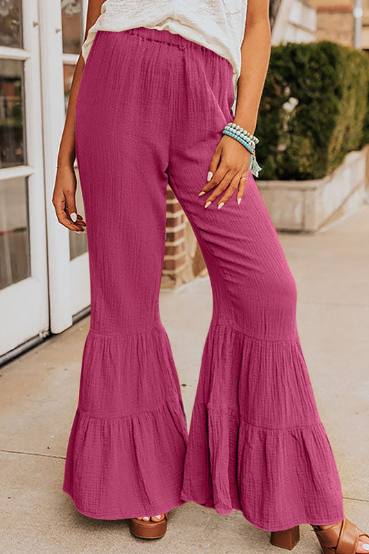 Rose Green Textured High Waist Ruffled Bell Bottom Pants Bottoms JT's Designer Fashion