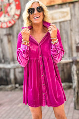 Rose Long Sleeve Ruffle Velvet Button Up Dress Dresses JT's Designer Fashion