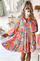 Multicolor Geometric Print Split Neck Ruffle Tiered Mini Dress Dresses JT's Designer Fashion