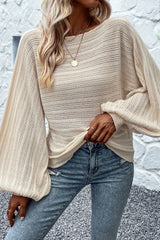 Apricot Lantern Sleeve Boat Neck Textured Knit Sweater Sweaters & Cardigans JT's Designer Fashion