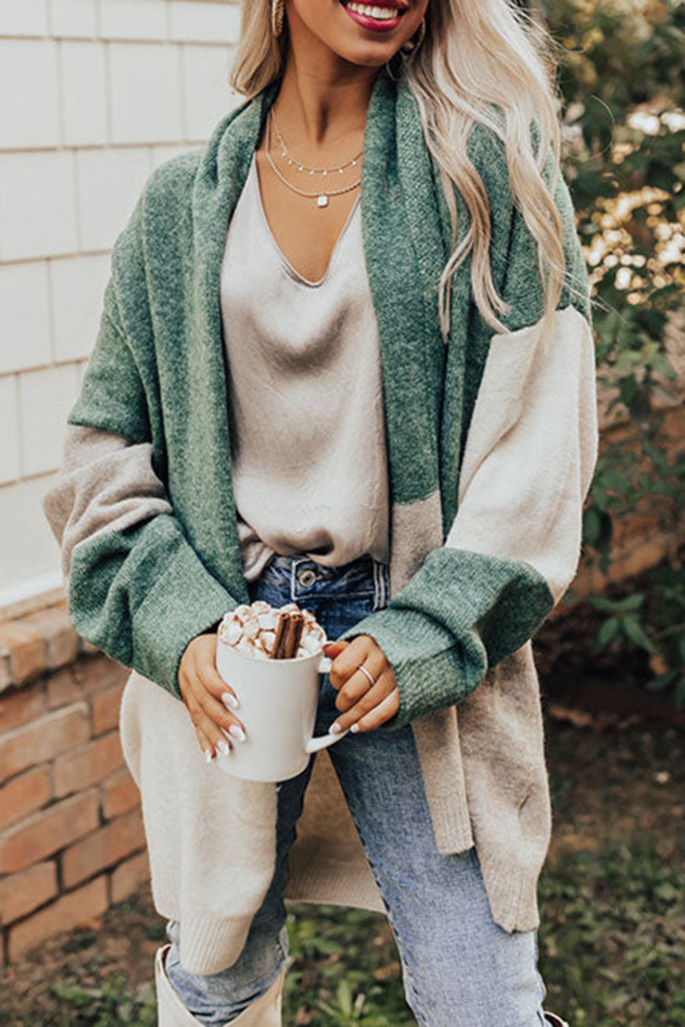 Green Colorblock Draped Open Front Chunky Cardigan Sweaters & Cardigans JT's Designer Fashion