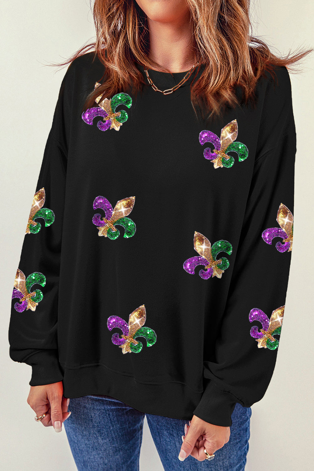 Black Sequin Mardi Gras Graphic Pullover Sweatshirt Graphic Sweatshirts JT's Designer Fashion