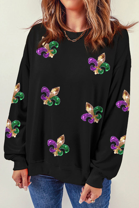Black Sequin Mardi Gras Graphic Pullover Sweatshirt Graphic Sweatshirts JT's Designer Fashion