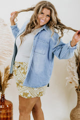 Sky Blue Plus Size Chest Pocket Button-Up Denim Shacket Plus Size JT's Designer Fashion