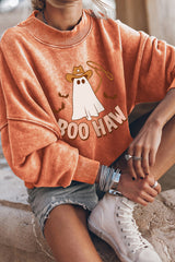 Orange BOO HAW Ghost Halloween Print Drop Sleeve Sweatshirt Graphic Sweatshirts JT's Designer Fashion