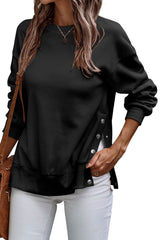 Black Button Split Sides Solid Color Sweatshirt Sweatshirts & Hoodies JT's Designer Fashion