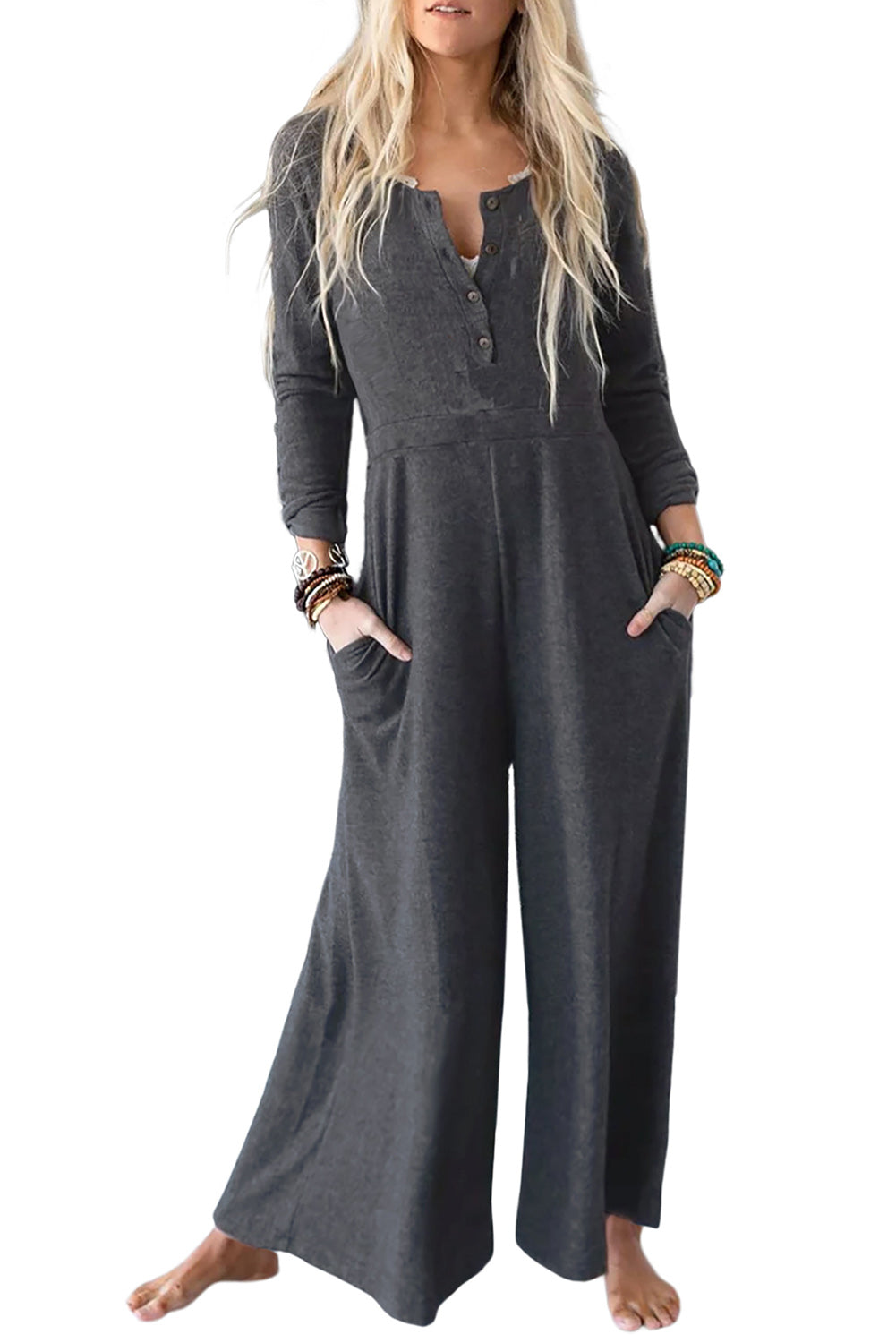 Gray Button Long Sleeve Wide Leg Jumpsuit Jumpsuits & Rompers JT's Designer Fashion