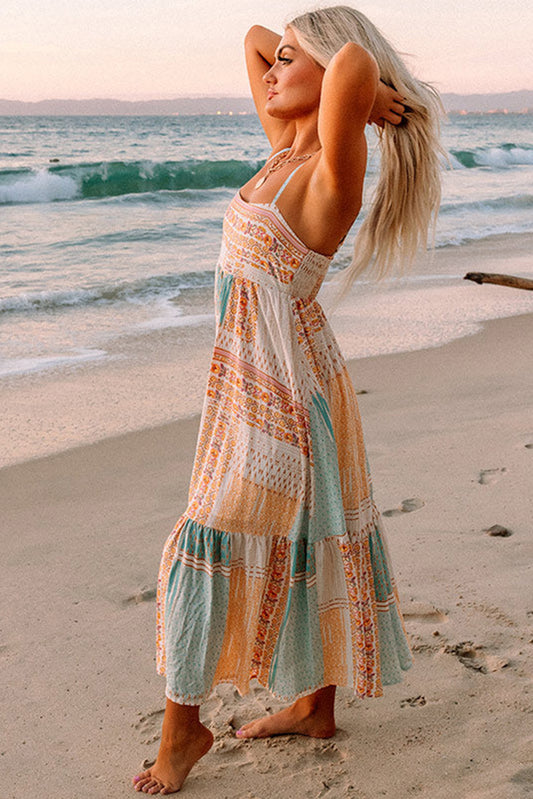 Multicolor Boho Patchwork Print Square Neck Sundress Maxi Dresses JT's Designer Fashion