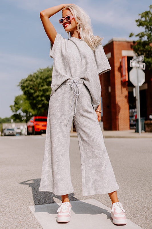 Gray Textured Loose Fit T Shirt and Drawstring Pants Set Bottoms JT's Designer Fashion