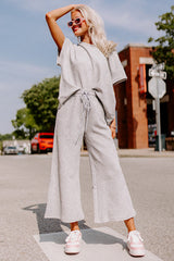 Gray Textured Loose Fit T Shirt and Drawstring Pants Set Bottoms JT's Designer Fashion