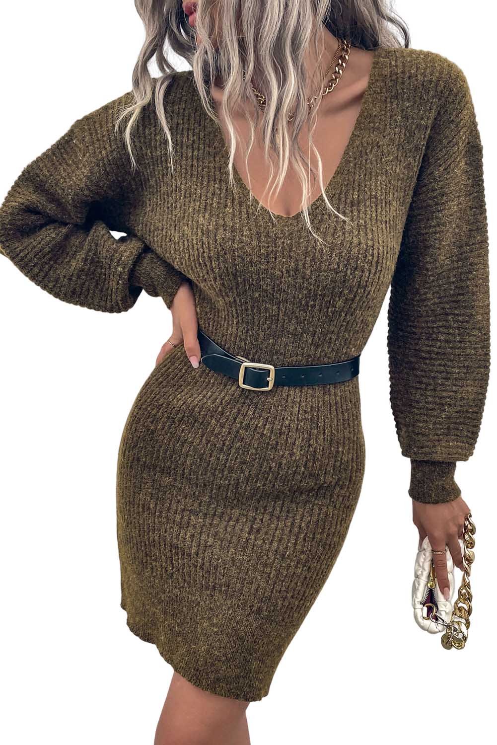Green V Neck Bodycon Sweater Dress Sweaters & Cardigans JT's Designer Fashion