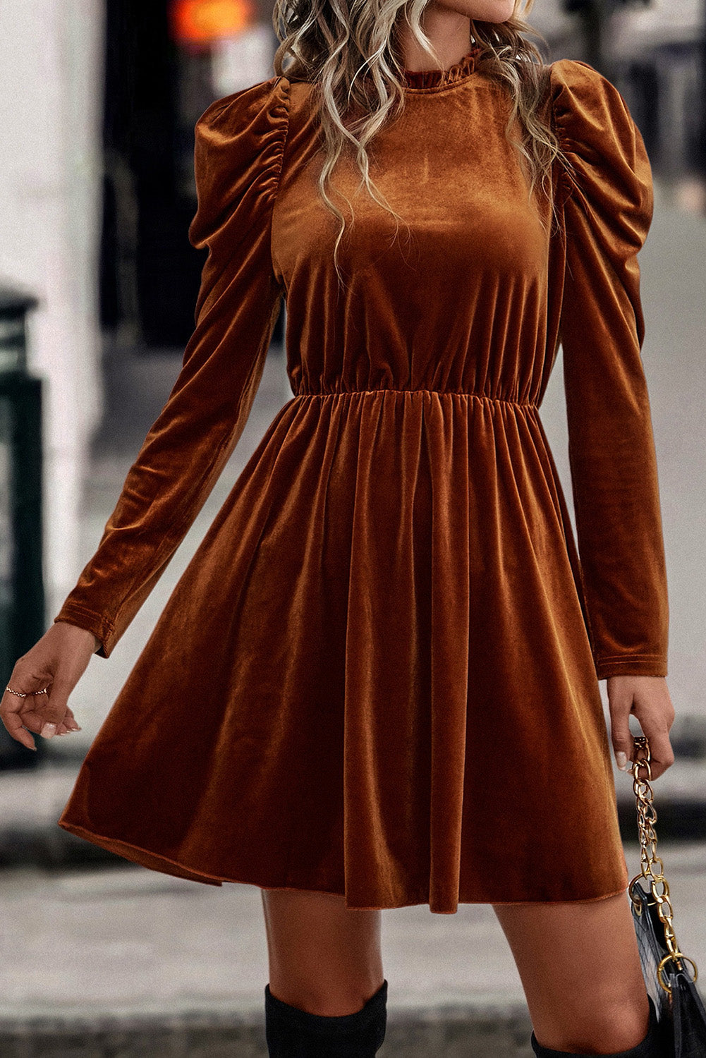Chestnut Velvet Frilled Neck Gigot Sleeve Swing Dress Dresses JT's Designer Fashion