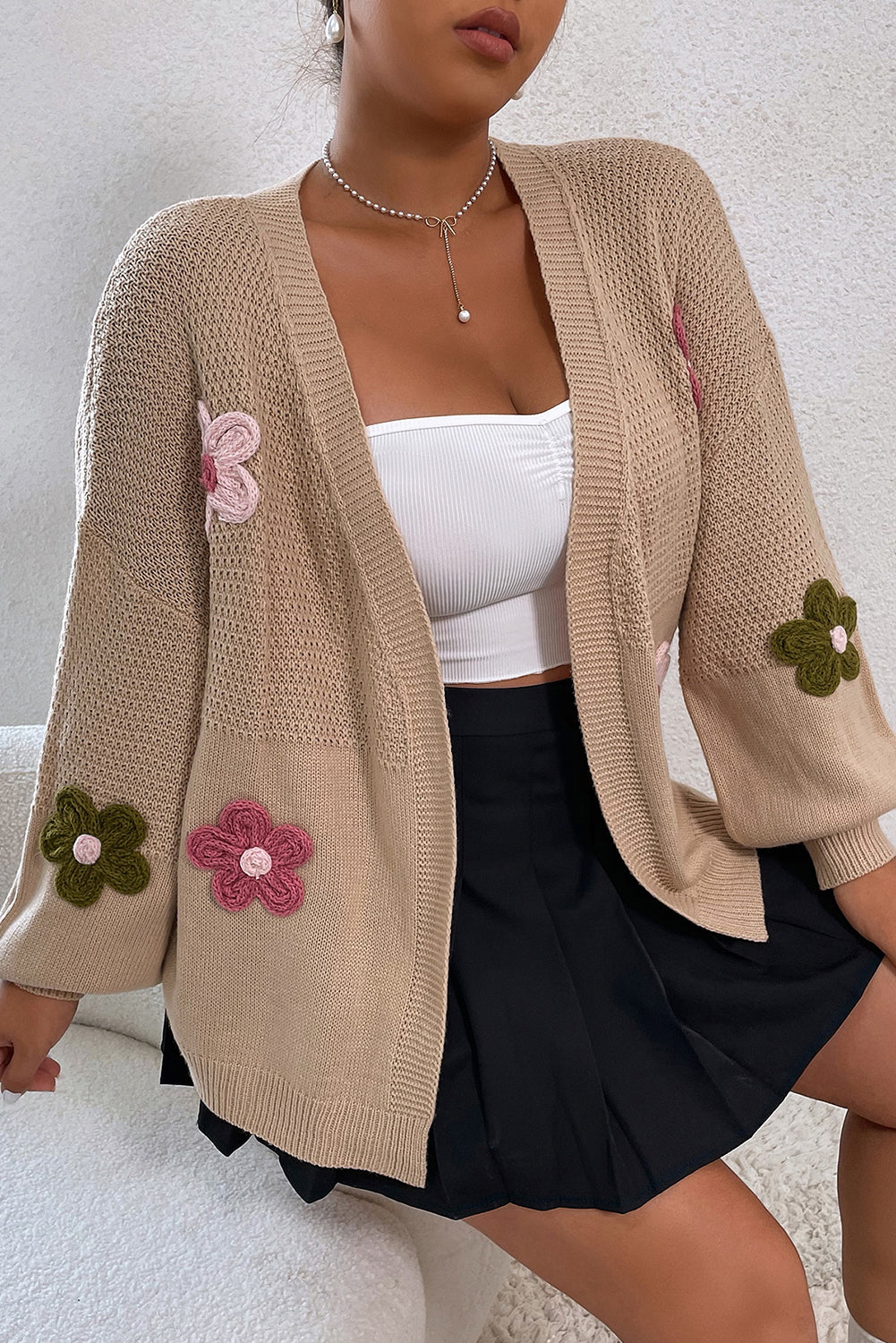 Smoke Gray Floral Applique Drop Shoulder Bubble Sleeve Cardigan Sweaters & Cardigans JT's Designer Fashion