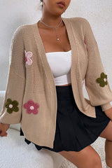 Smoke Gray Floral Applique Drop Shoulder Bubble Sleeve Cardigan Sweaters & Cardigans JT's Designer Fashion