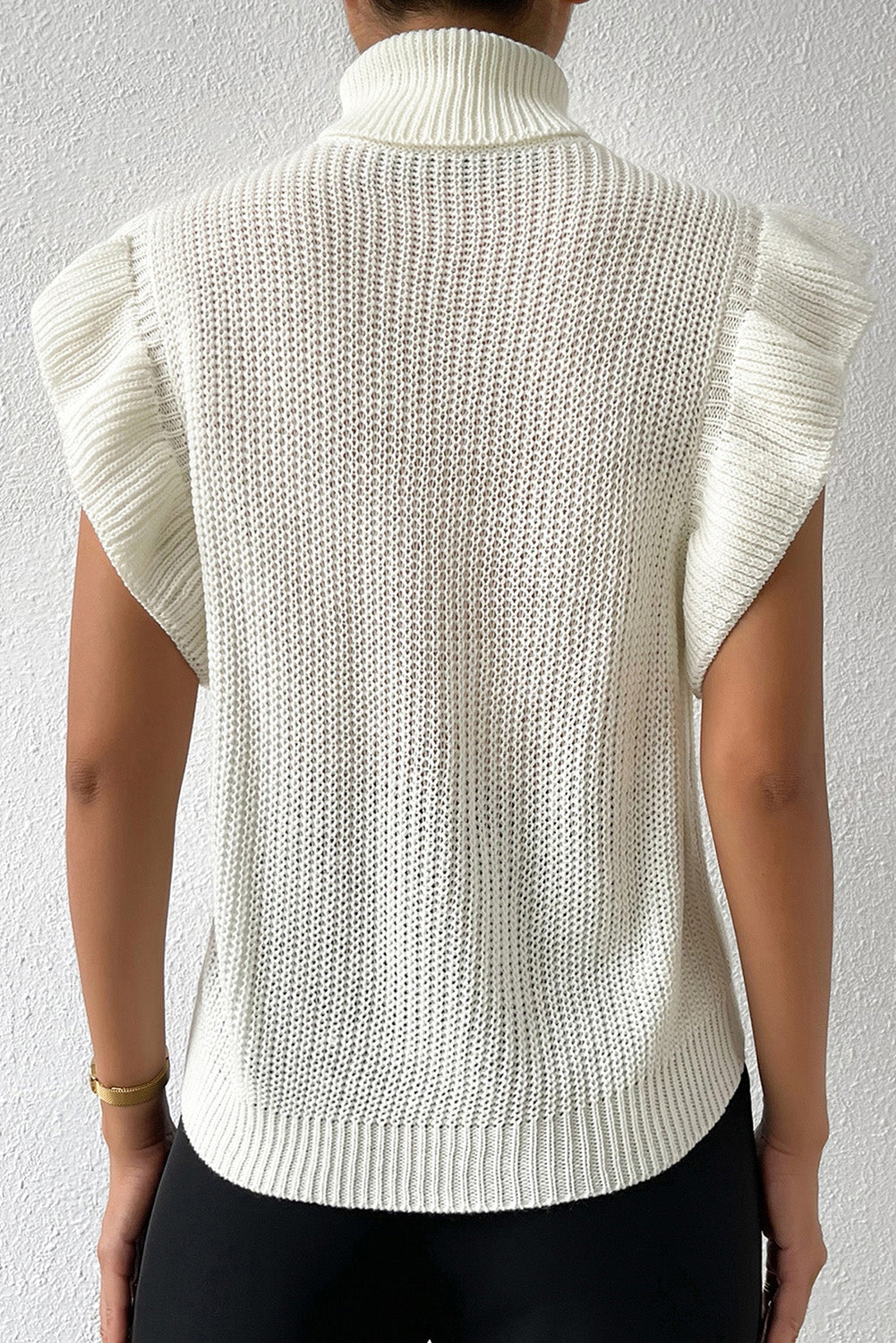 Bright White Cable Knit Ruffled Short Sleeve Turtle Neck Sweater Sweaters & Cardigans JT's Designer Fashion