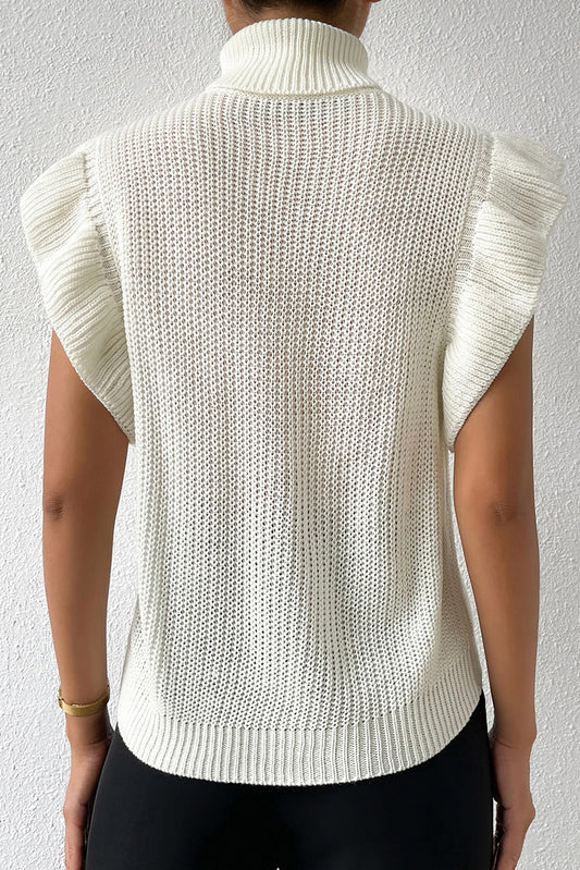 Bright White Cable Knit Ruffled Short Sleeve Turtle Neck Sweater Sweaters & Cardigans JT's Designer Fashion