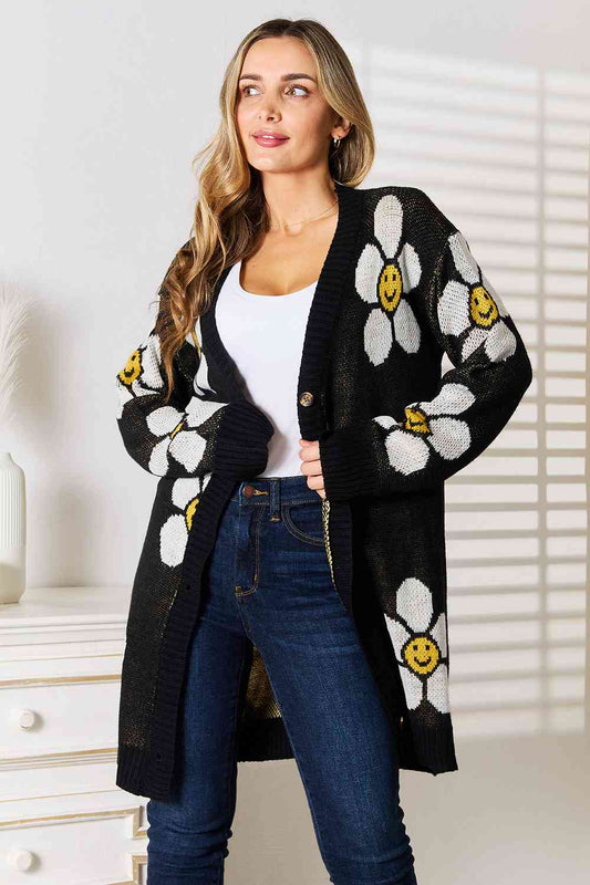 Double Take Floral Button Down Longline Cardigan Black JT's Designer Fashion