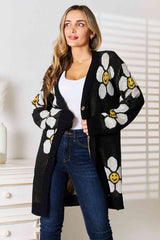 Double Take Floral Button Down Longline Cardigan Black JT's Designer Fashion