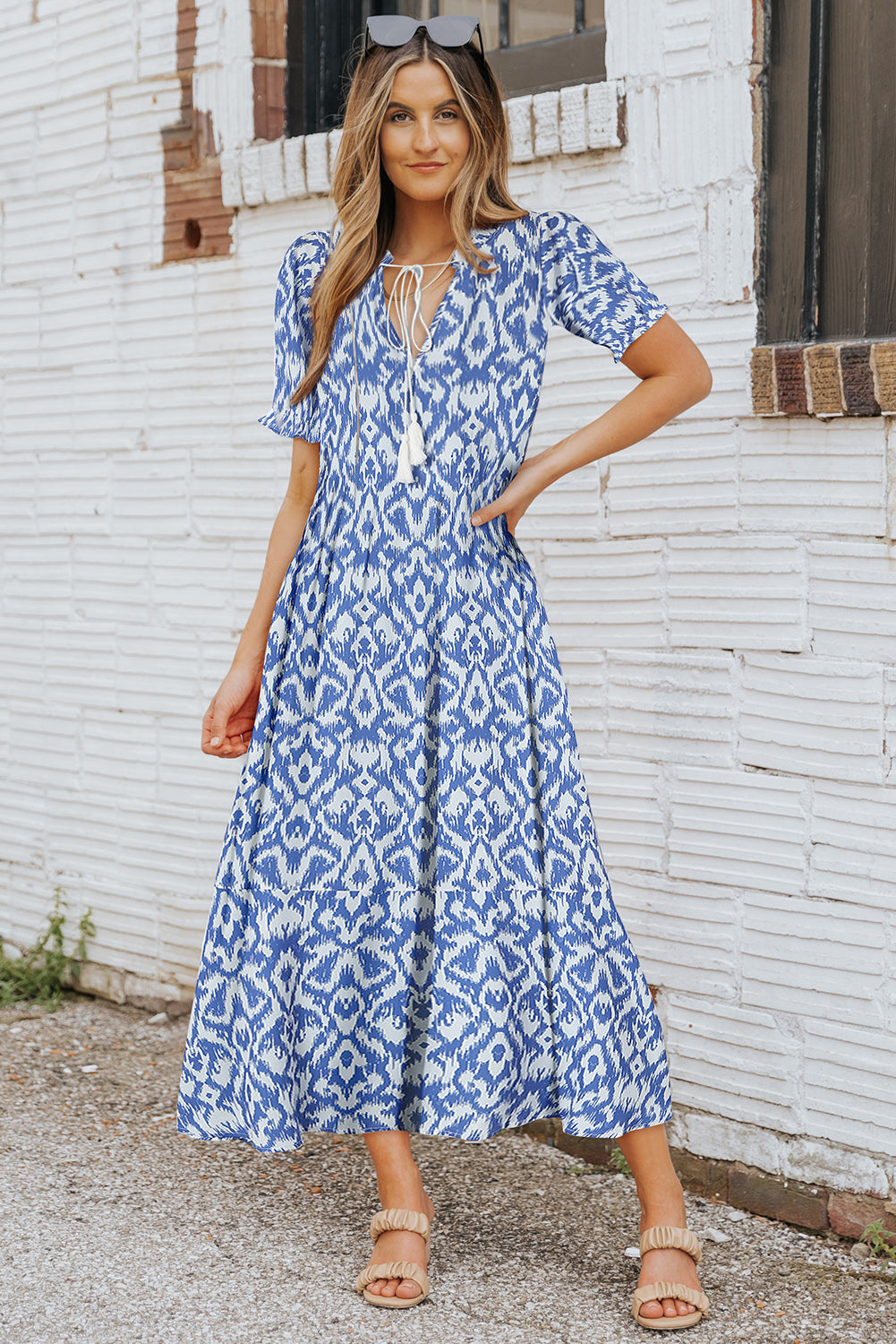 Sky Blue V Neck Casual Geometric Print Long Dress Maxi Dresses JT's Designer Fashion