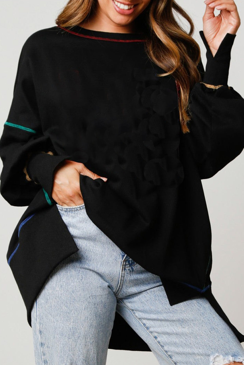 Black Contrast Stitching Split Baggy Sweatshirt Sweatshirts & Hoodies JT's Designer Fashion