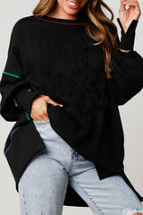 Black Contrast Stitching Split Baggy Sweatshirt Sweatshirts & Hoodies JT's Designer Fashion