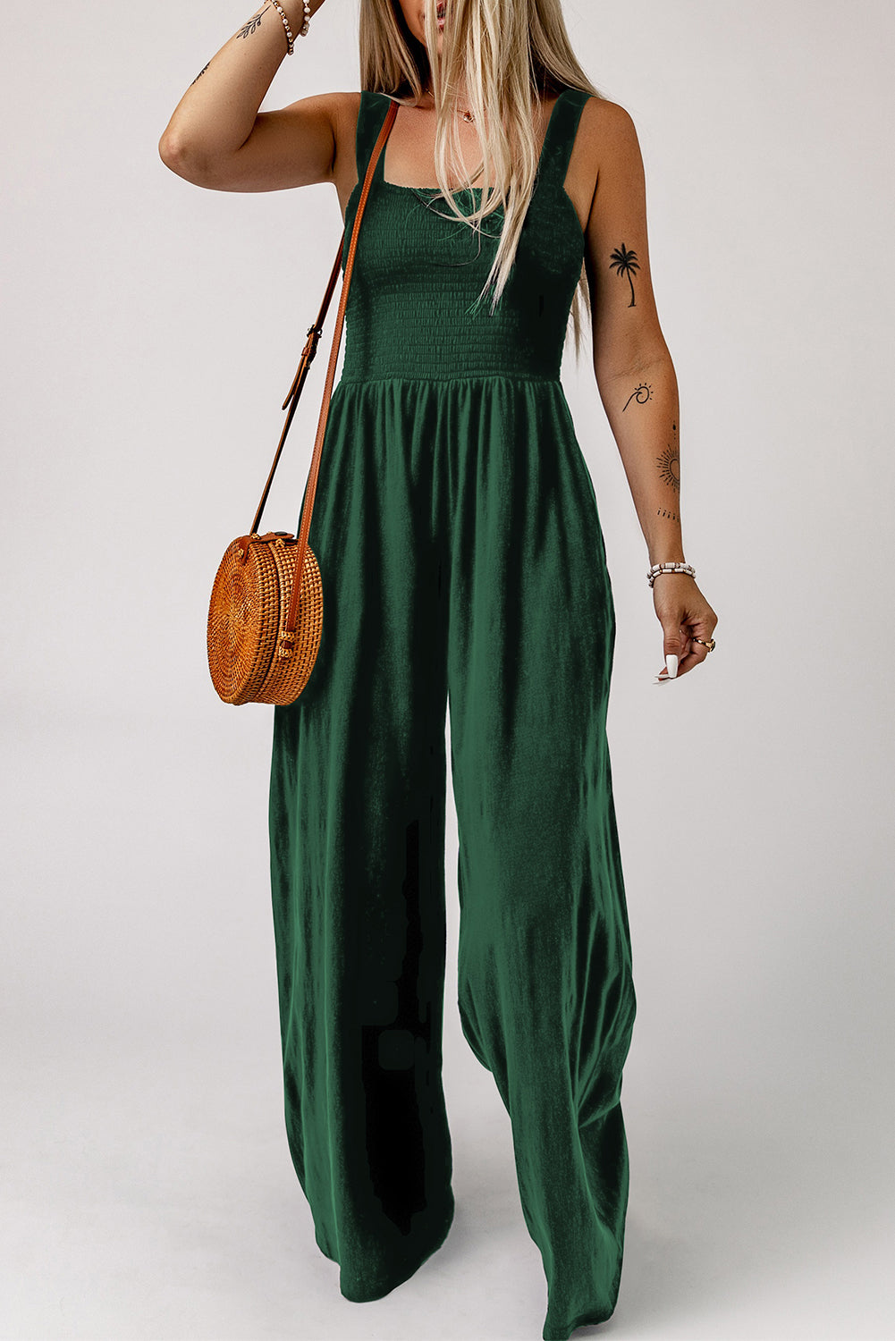 Green Smocked Sleeveless Wide Leg Jumpsuit with Pockets Jumpsuits & Rompers JT's Designer Fashion