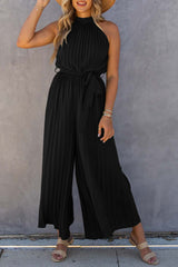 Black Halter Neck Pleated Wide Leg Jumpsuit with Belt Jumpsuits & Rompers JT's Designer Fashion