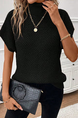 Black Ribbed Turtleneck Textured Short Sleeve Sweater Sweaters & Cardigans JT's Designer Fashion